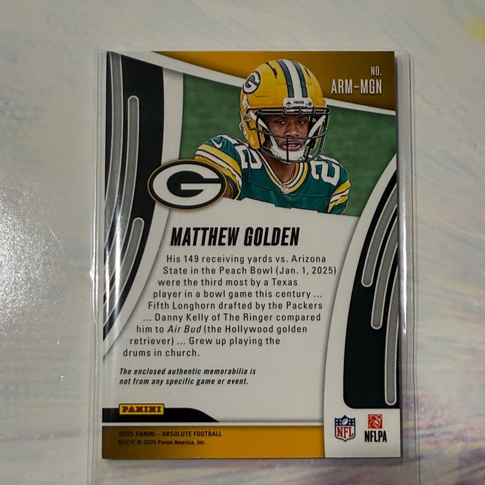 Matthew Golden (Rookie) Packers Jersey Memorabilia Card (ARM-MGN) - Picture 2 of 2